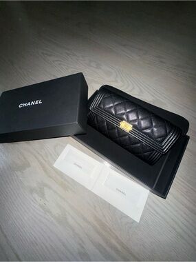 CHANEL Boy Wallet .Long Flap Wallet – Black Caviar Leather